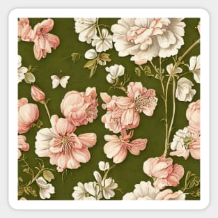 Vintage Floral Light Pink and White Flowers on Olive Green Sticker